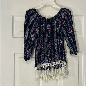 (🥊4 For $20)Magenta Navy and Pink Bohemian Top with Fringe